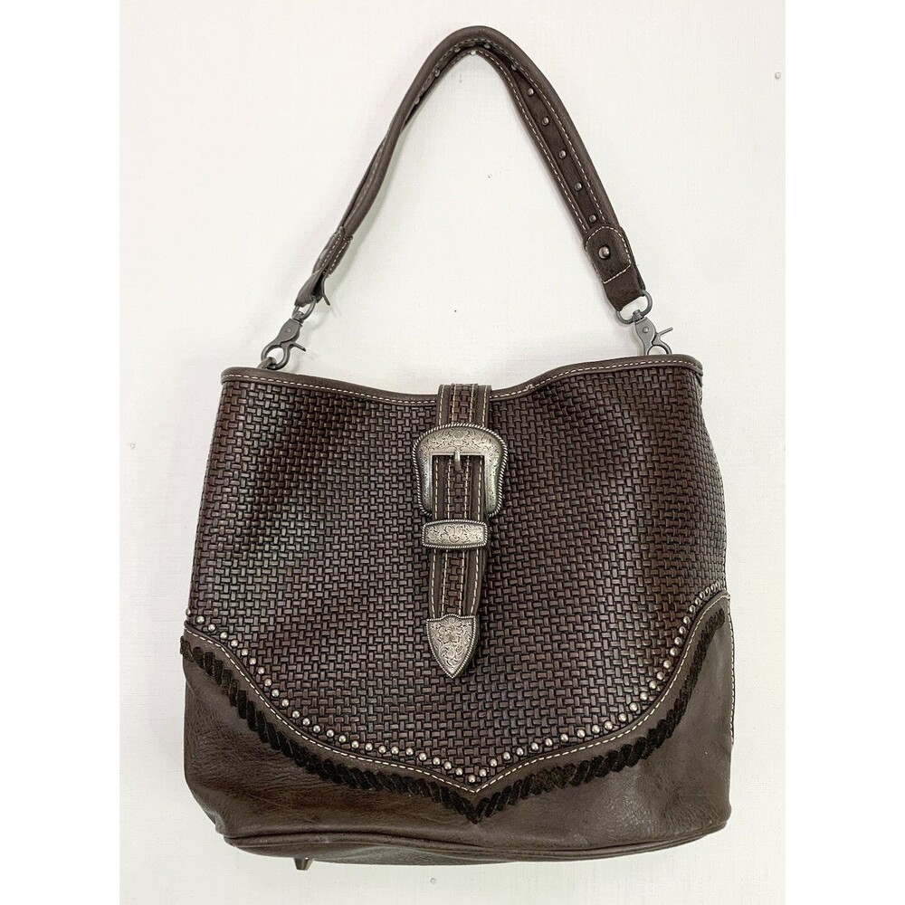 Trinity Ranch Brown Leather Plantation Weaved Tote Handbag Purse Buckle